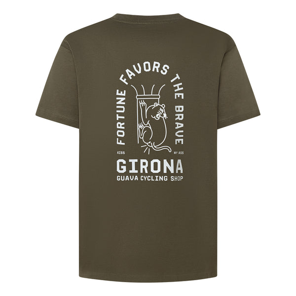 Green t-shirt with white text and design on a white background