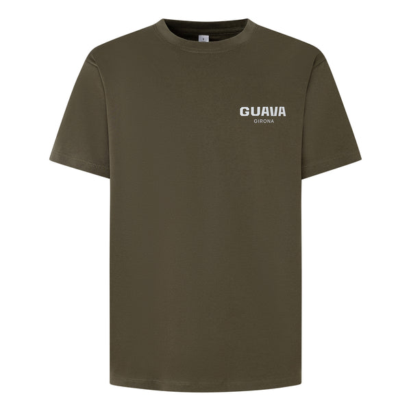Olive green t-shirt with 'GUAVA' logo on a white background